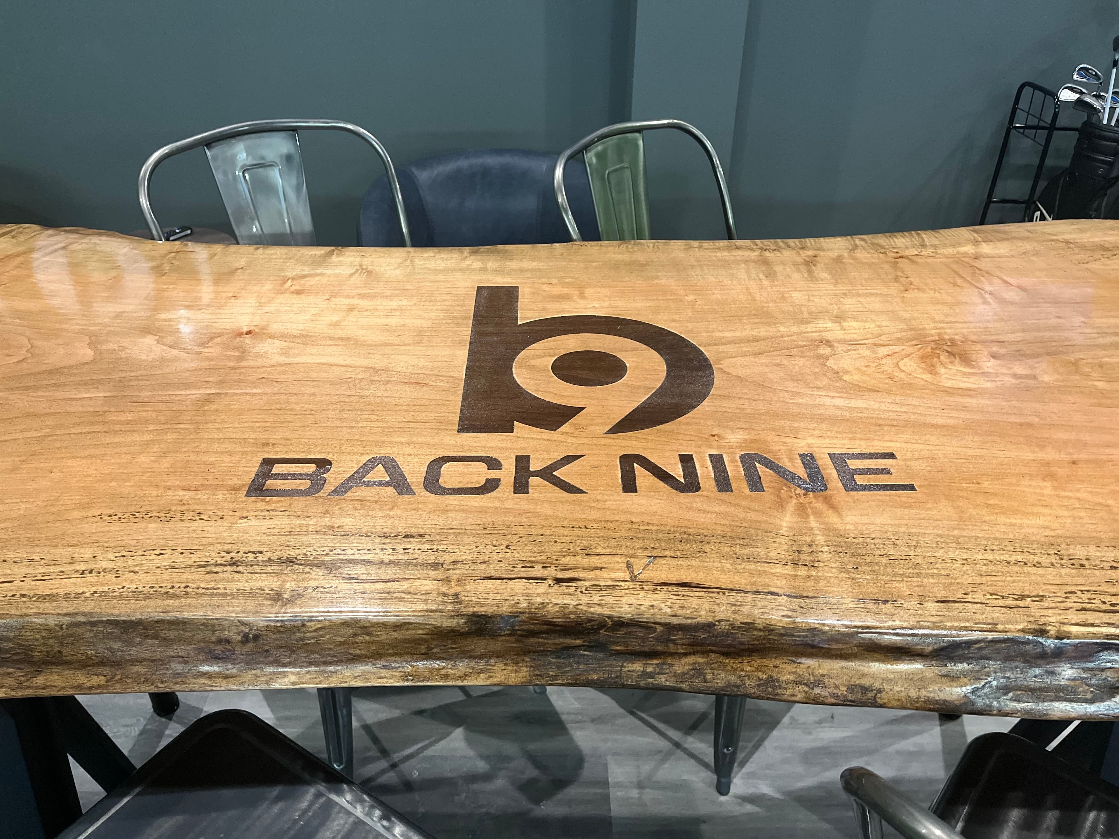 Back 9 Community Tables — Custom live edge community tables and laser engraved wood pieces built for Back 9 in Ohio. (photo 1 of 16)