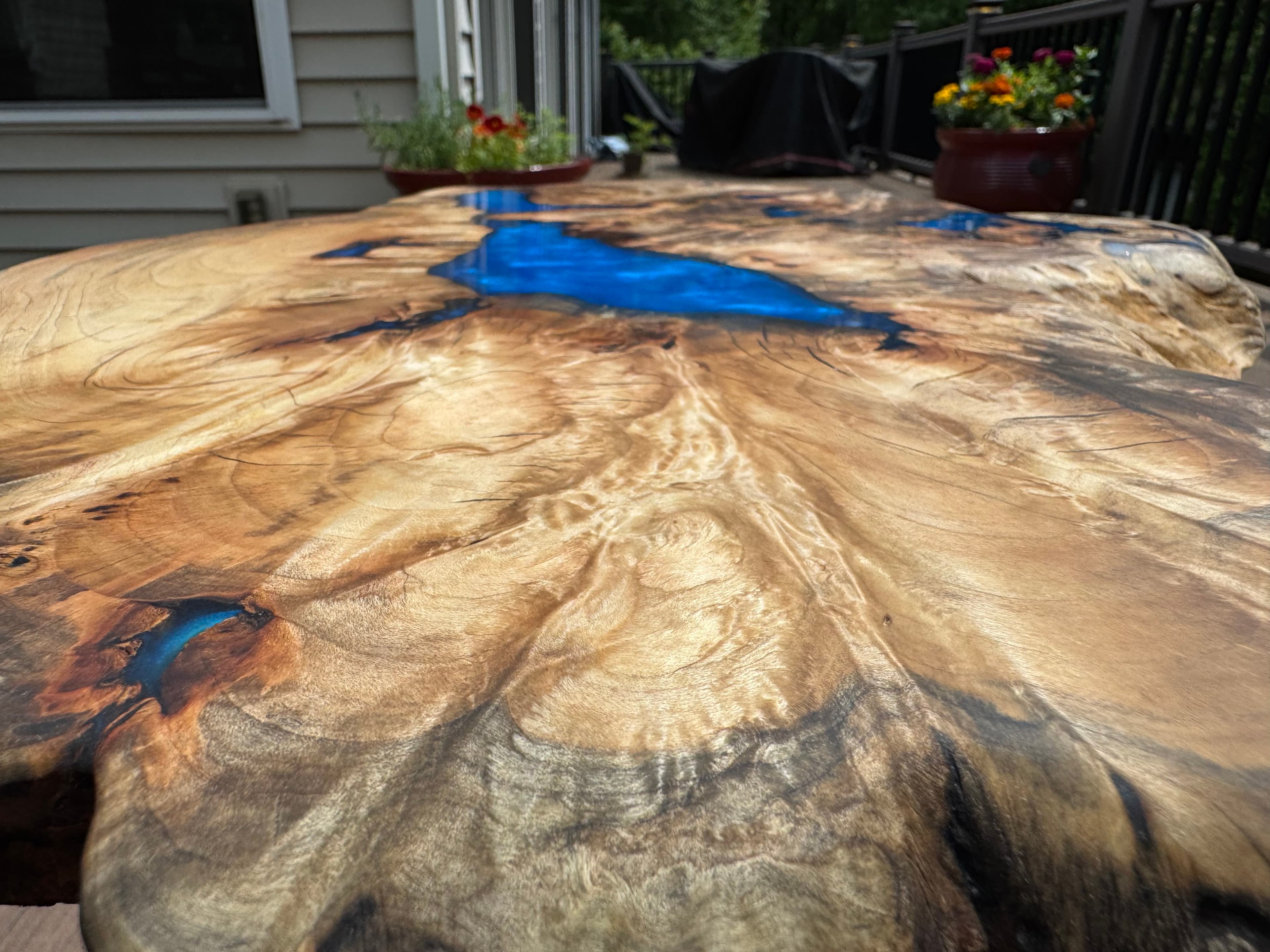 Blue Epoxy Burl Table — Burl wood table with deep blue pigmented epoxy resin pour filling the natural voids and burl grain. (photo 2 of 4)