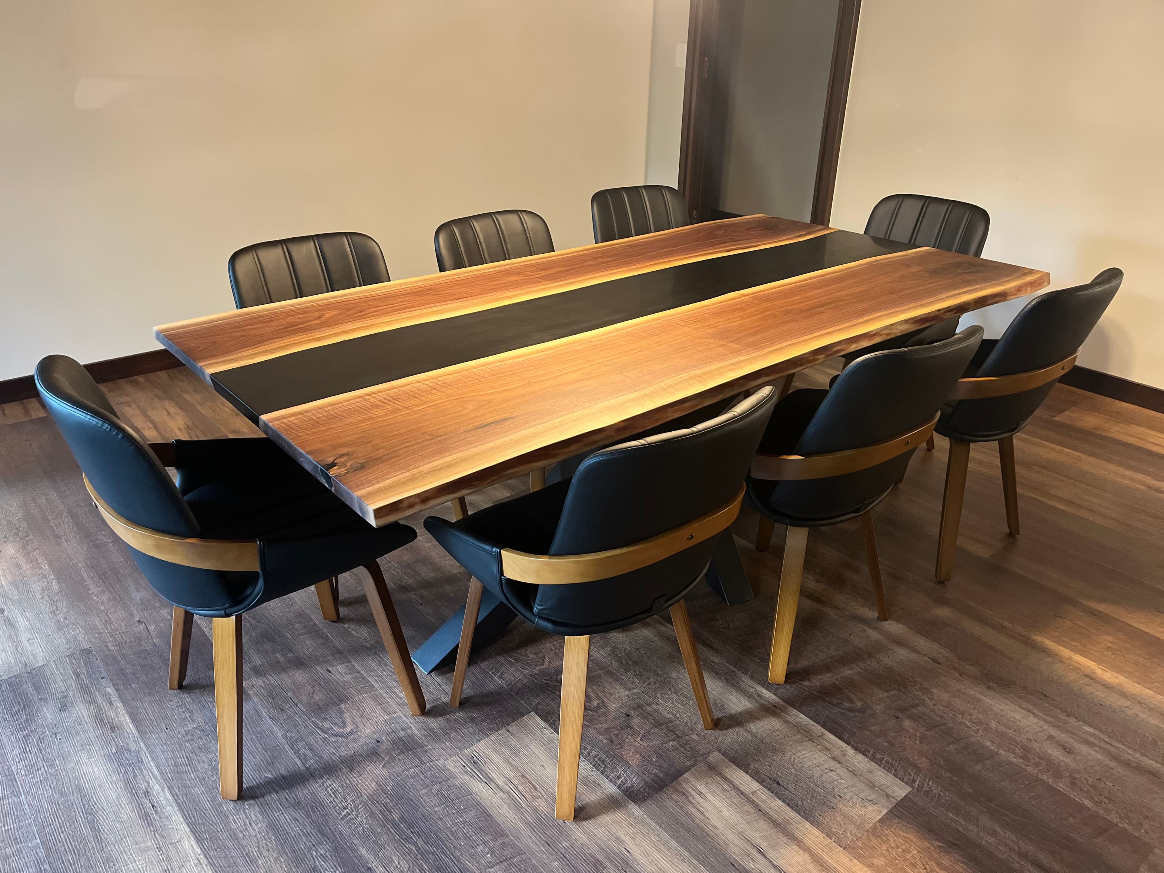 Black walnut epoxy river table — custom woodworking in Medina, Ohio