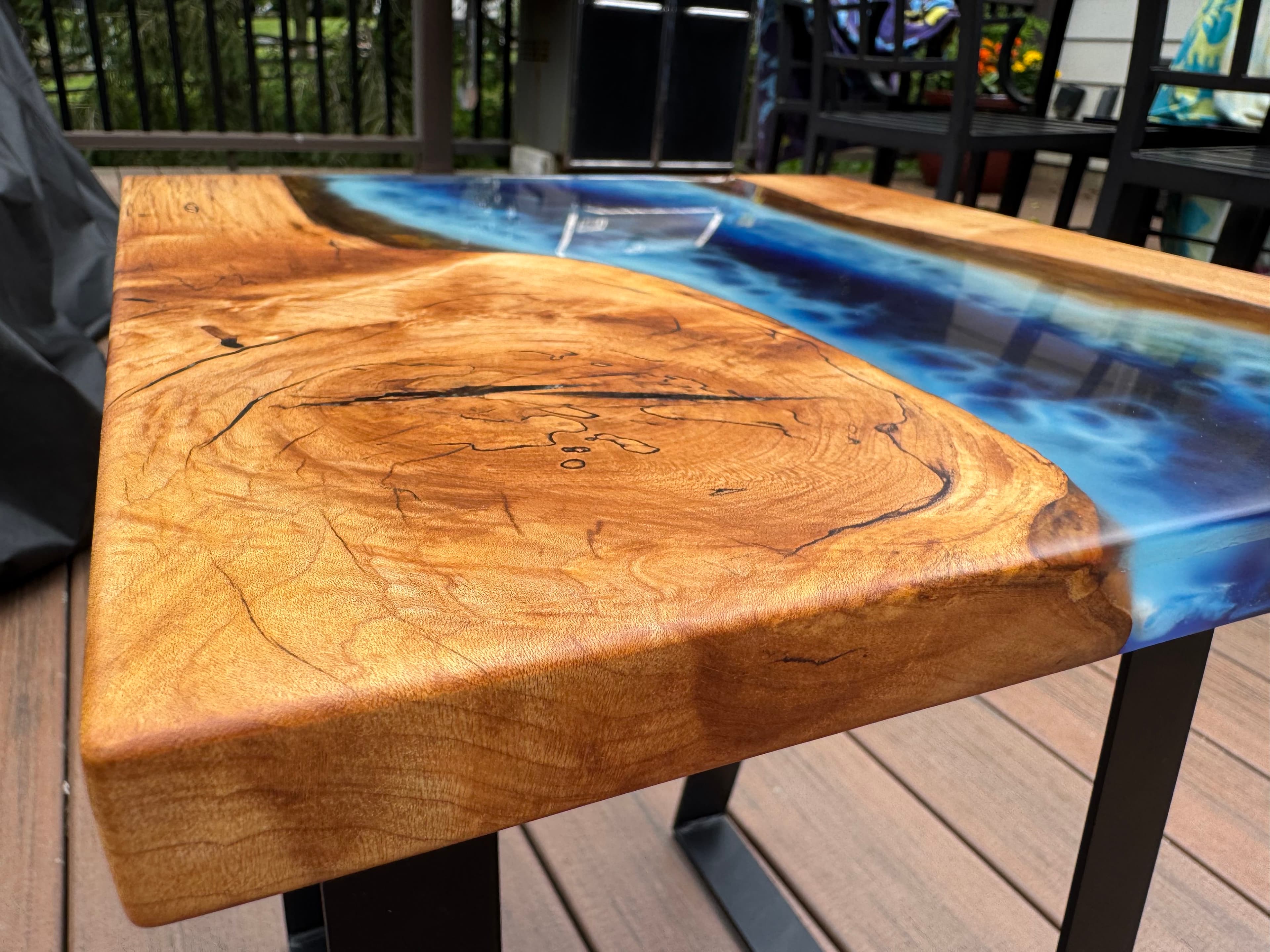 Ocean End Table — Ocean themed epoxy resin end table with blue tinted resin waves and a live edge wood shoreline. (photo 2 of 10)