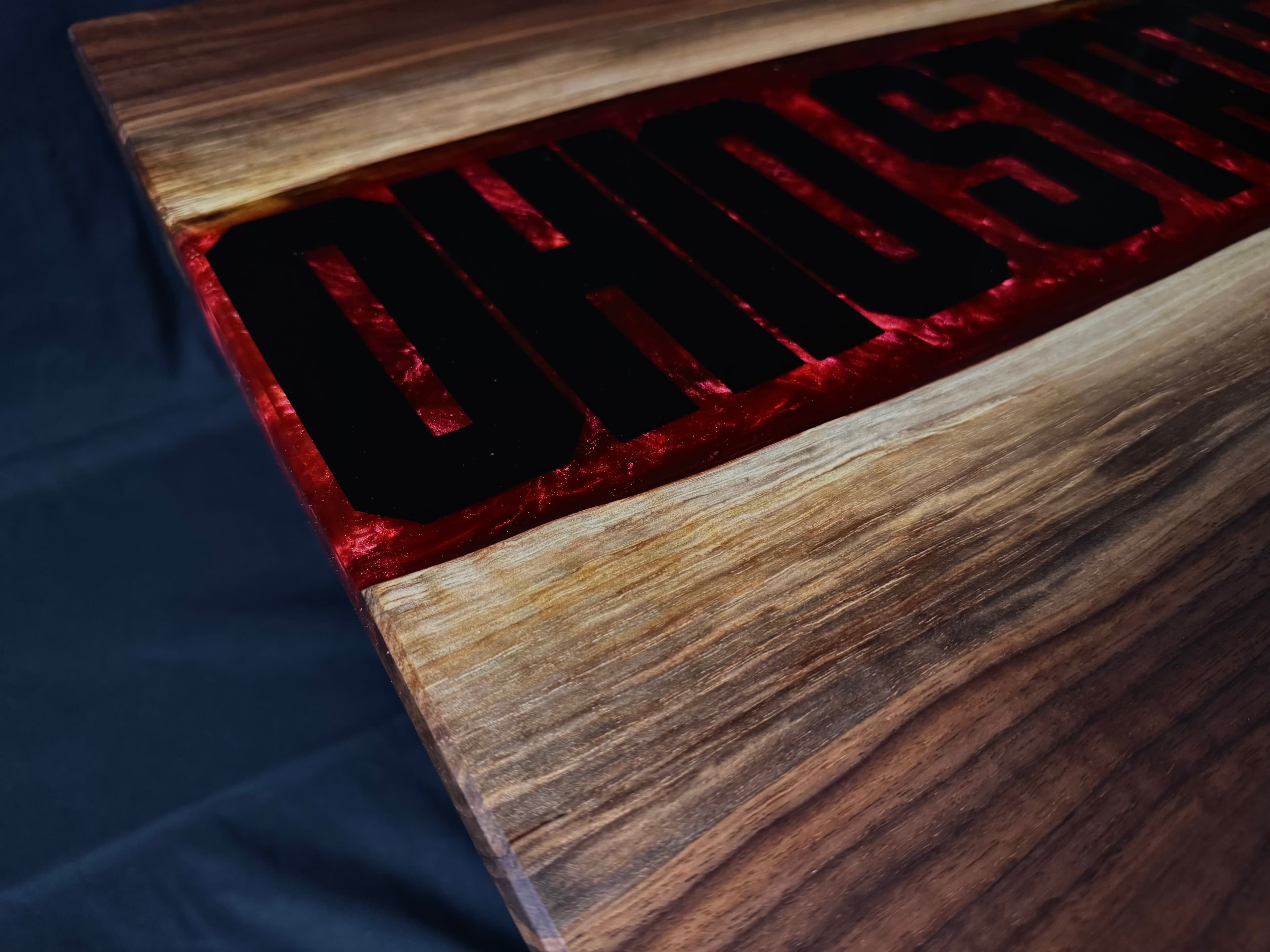 Custom OSU Table — Custom Ohio State University laser engraved table with scarlet and gray epoxy resin inlay. (photo 2 of 6)