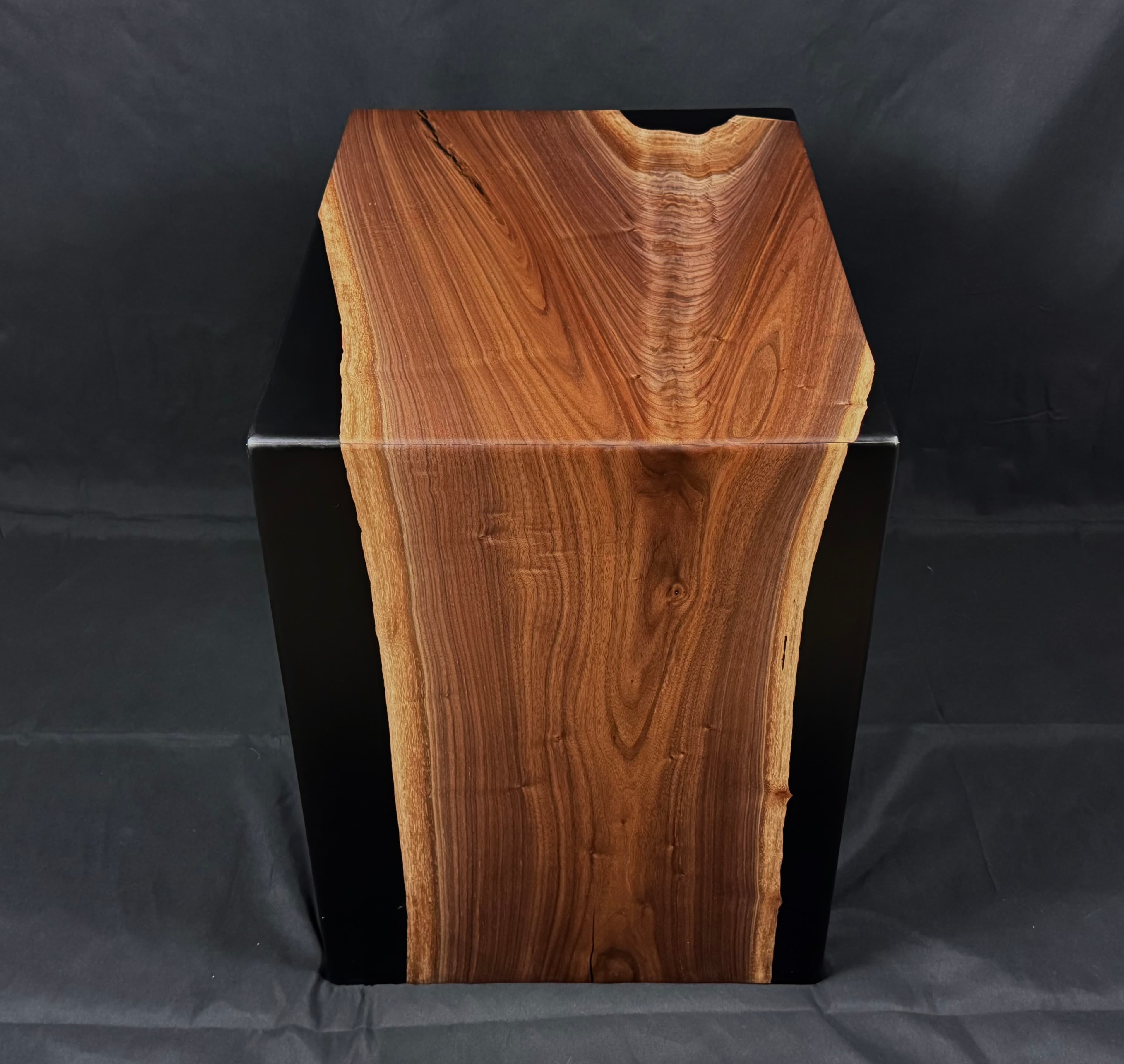 Black walnut waterfall edge table with mitered live edges — custom woodworking in Ohio