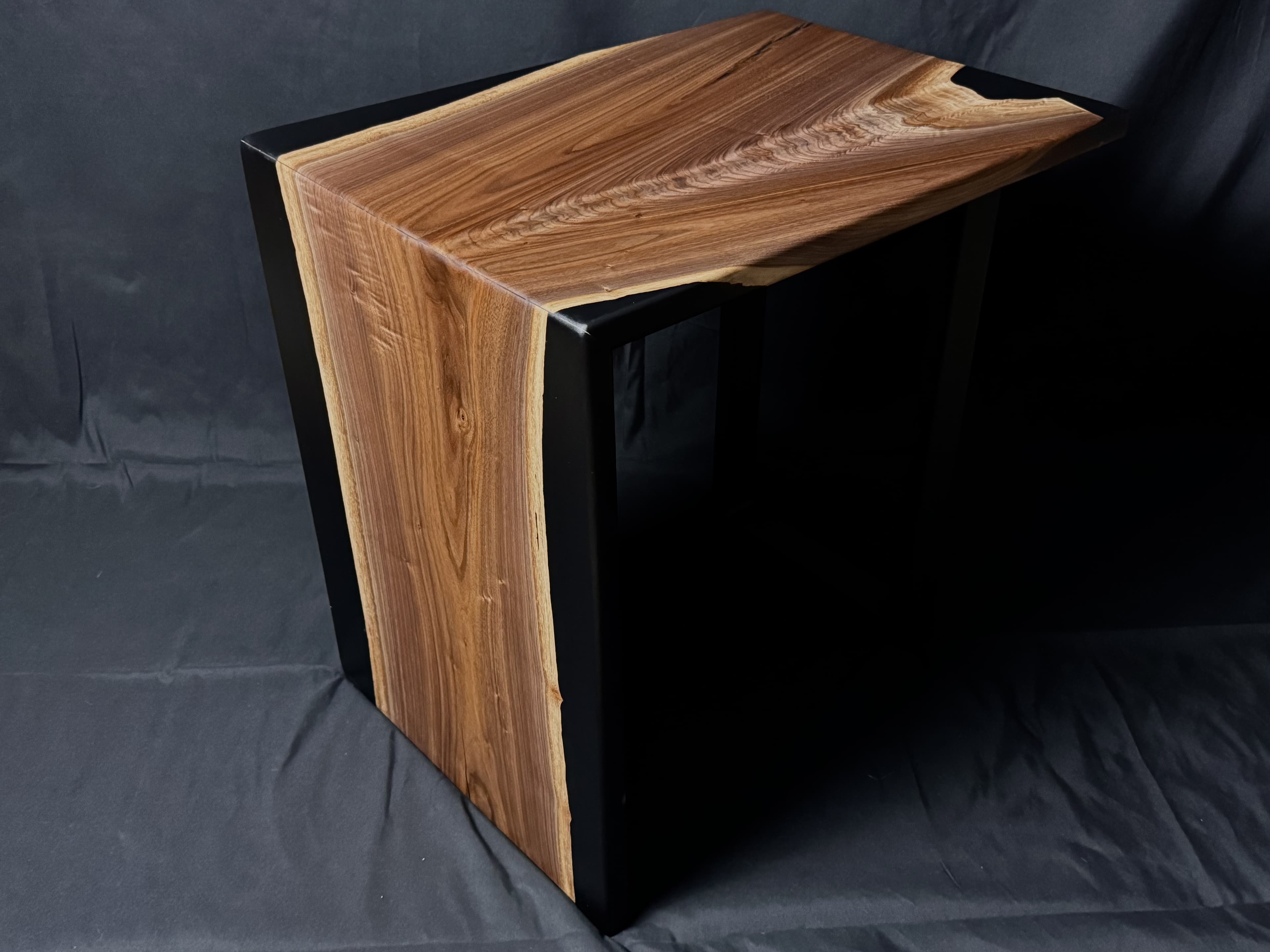Walnut Waterfall Table — Black walnut live edge waterfall table with mitered edge grain flowing down both sides. (photo 1 of 6)